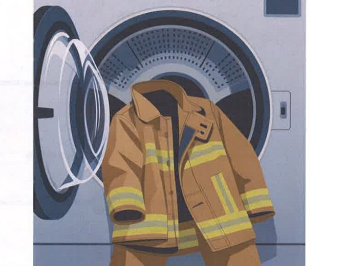 開いたドラム式洗濯機の前に、茶色で黄色いラインが入った防火服が描かれたイラスト。